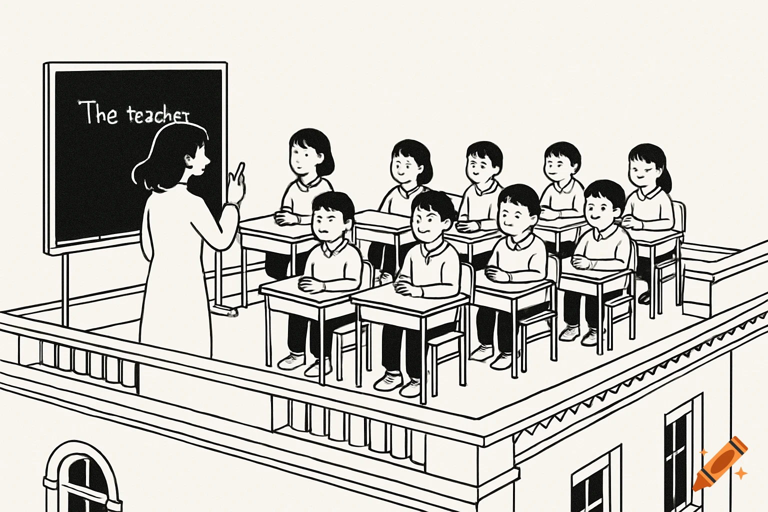 A black and white line drawing shows a teacher pointing at a blackboard with "The teacher" written on it, facing a class of Asian students seated at desks on a school rooftop.