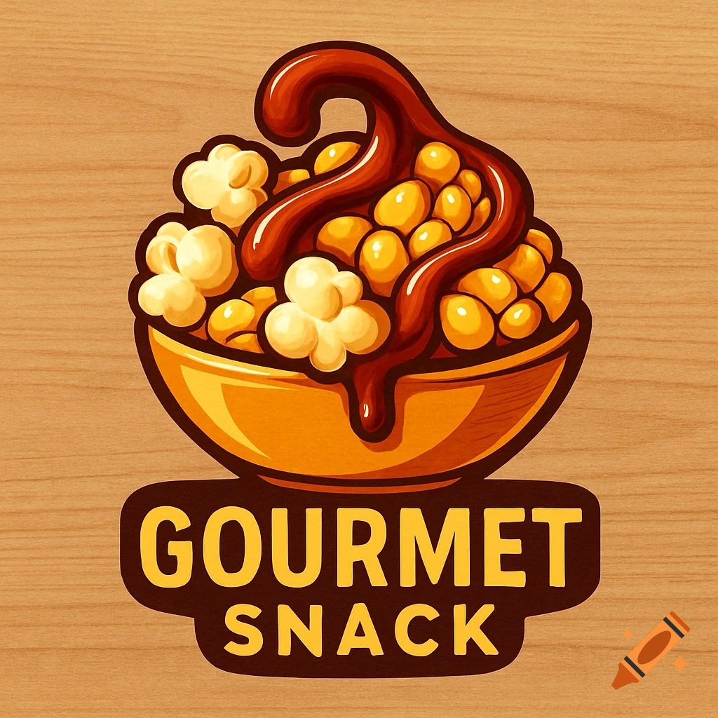 Cartoon logo of a bowl filled with popcorn and sweet corn, topped with a dark sauce. Text reads 'GOURMET SNACK'.