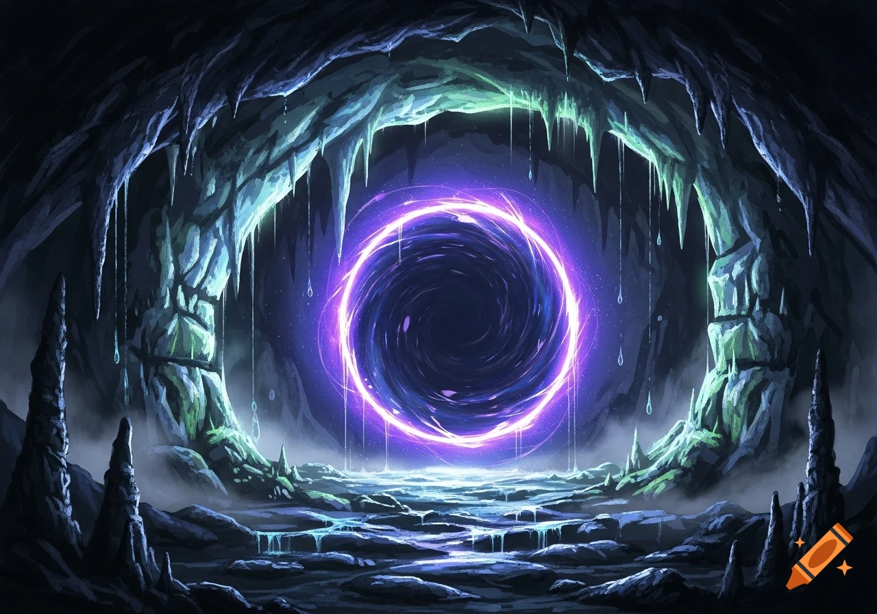 A dark, mystical cave illuminated by a glowing purple and blue dimensional portal with a swirling black center, surrounded by stalactites and rocky formations. It evokes a fantasy setting.