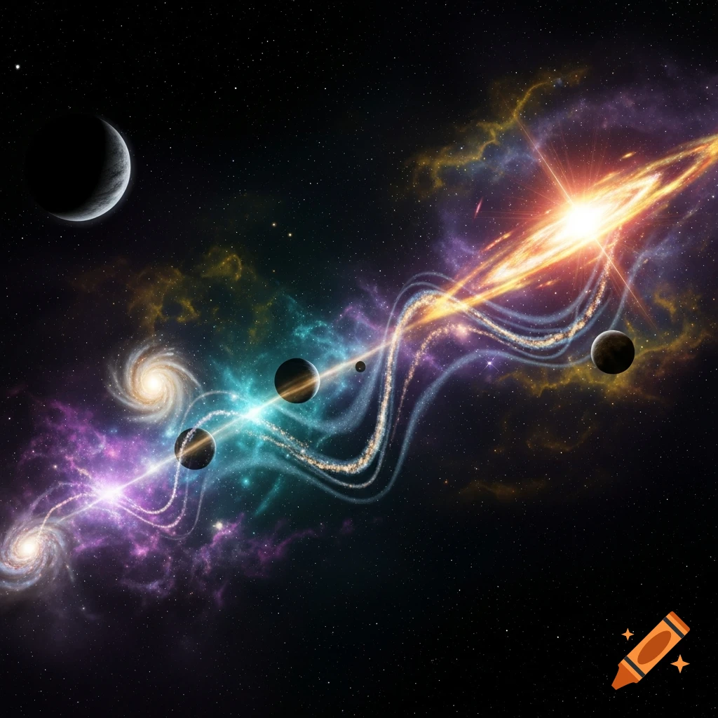 Vibrant cosmic scene with planets, spiral galaxies, and colorful nebulae bisected by a bright light beam.