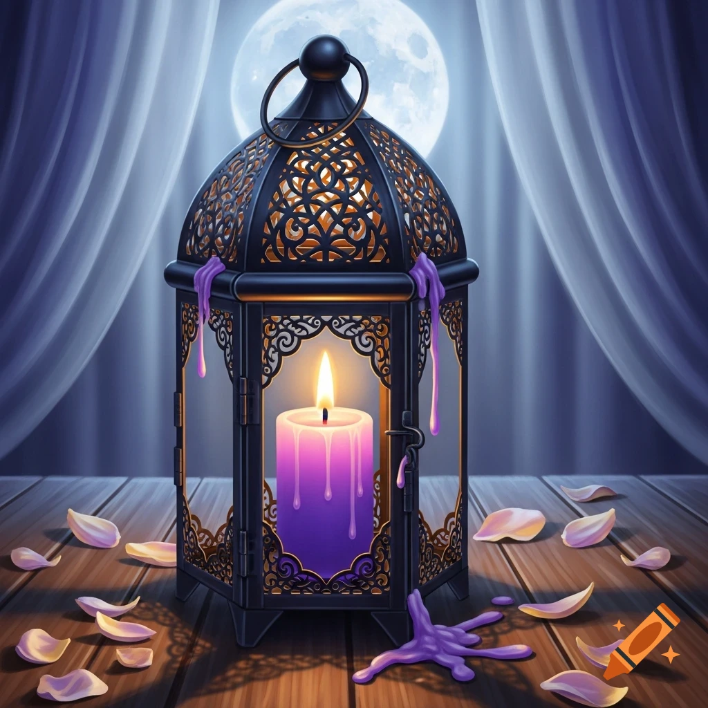 Ornate black lantern with a burning purple candle, surrounded by pink petals on a wooden table, under a full moon and blue curtains.