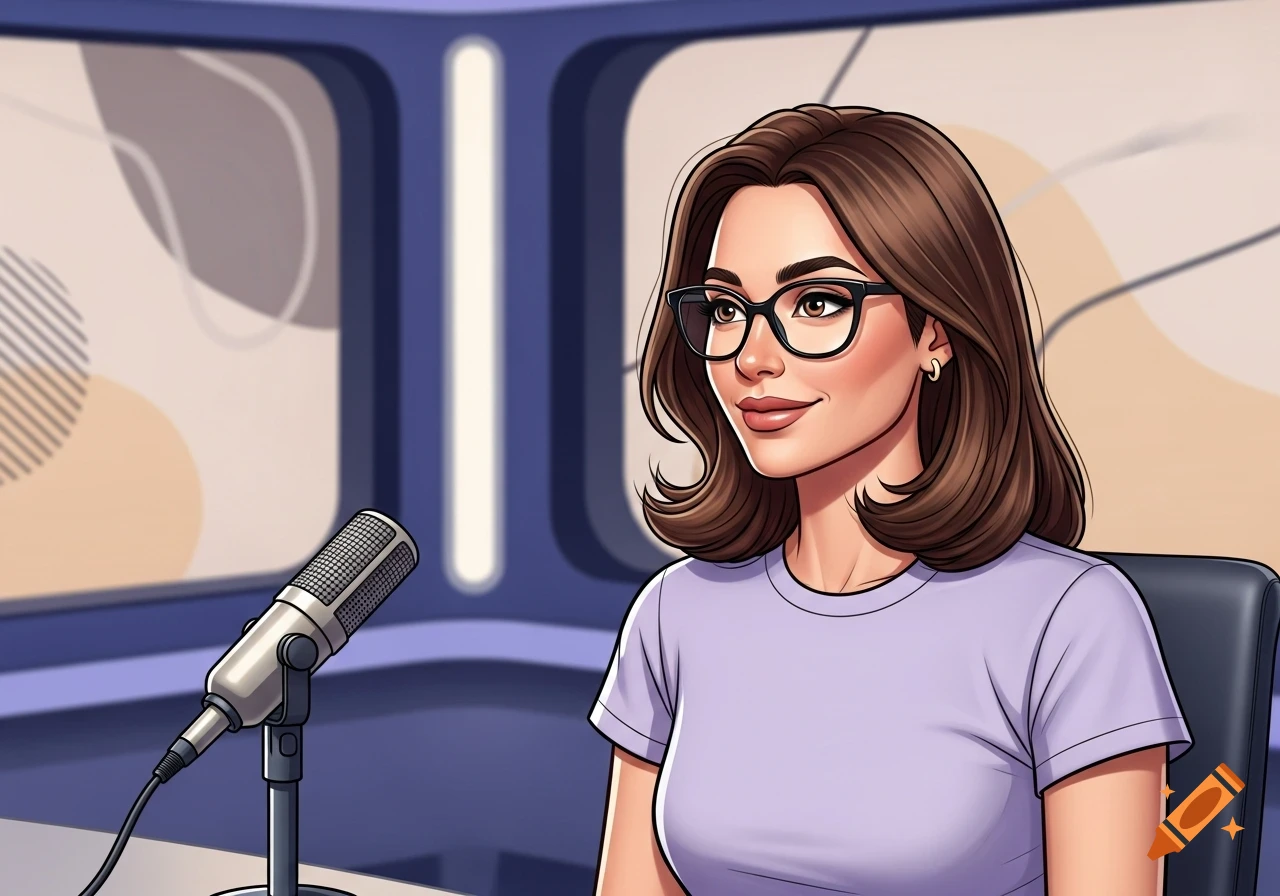 A cartoon illustration of a woman with brown hair and glasses, wearing a light purple t-shirt, sitting with a microphone in a studio.