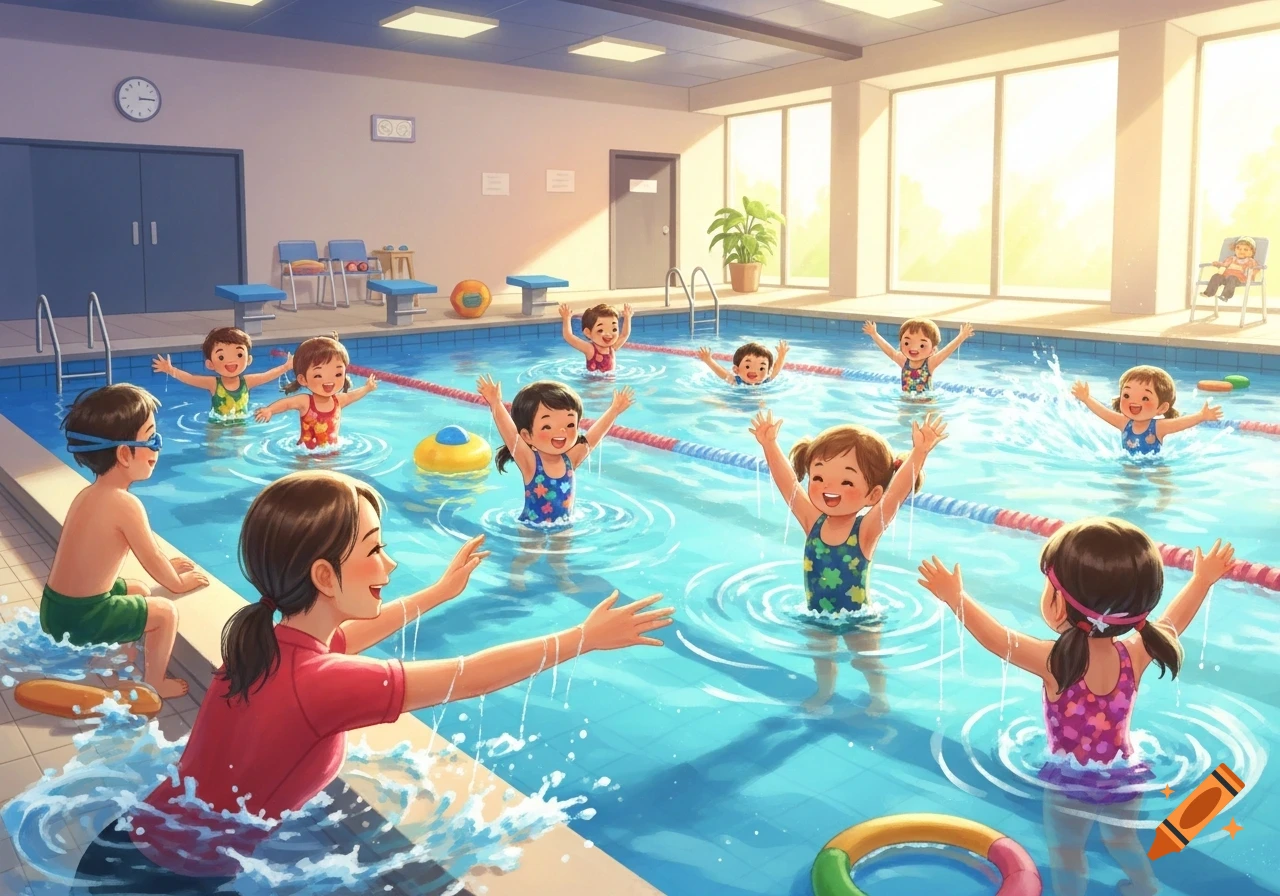 A cheerful group of children learning to swim with an instructor in a bright indoor pool, depicted in a colorful illustration.