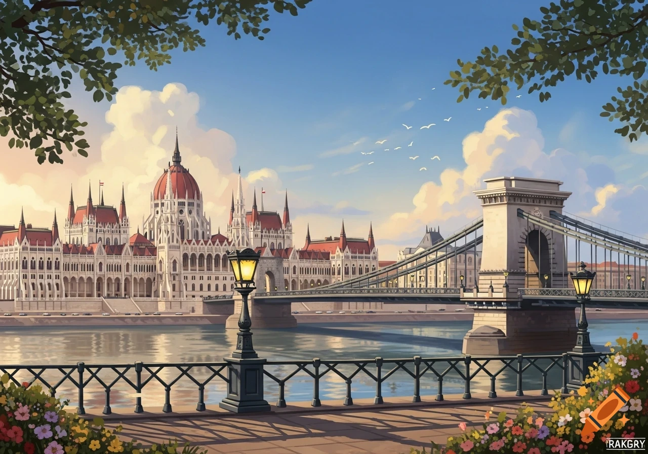An artistic illustration of the Hungarian Parliament Building and Chain Bridge over a river, viewed from a flower-lined promenade on a sunny day.