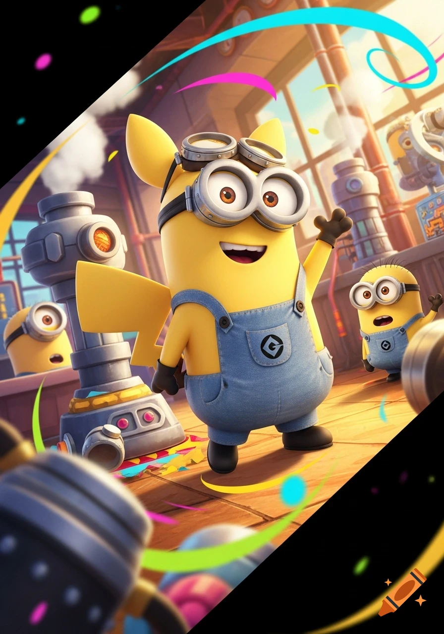 A cheerful Minion, dressed as Pikachu with yellow ears and tail, waves in a colorful workshop with other Minions.