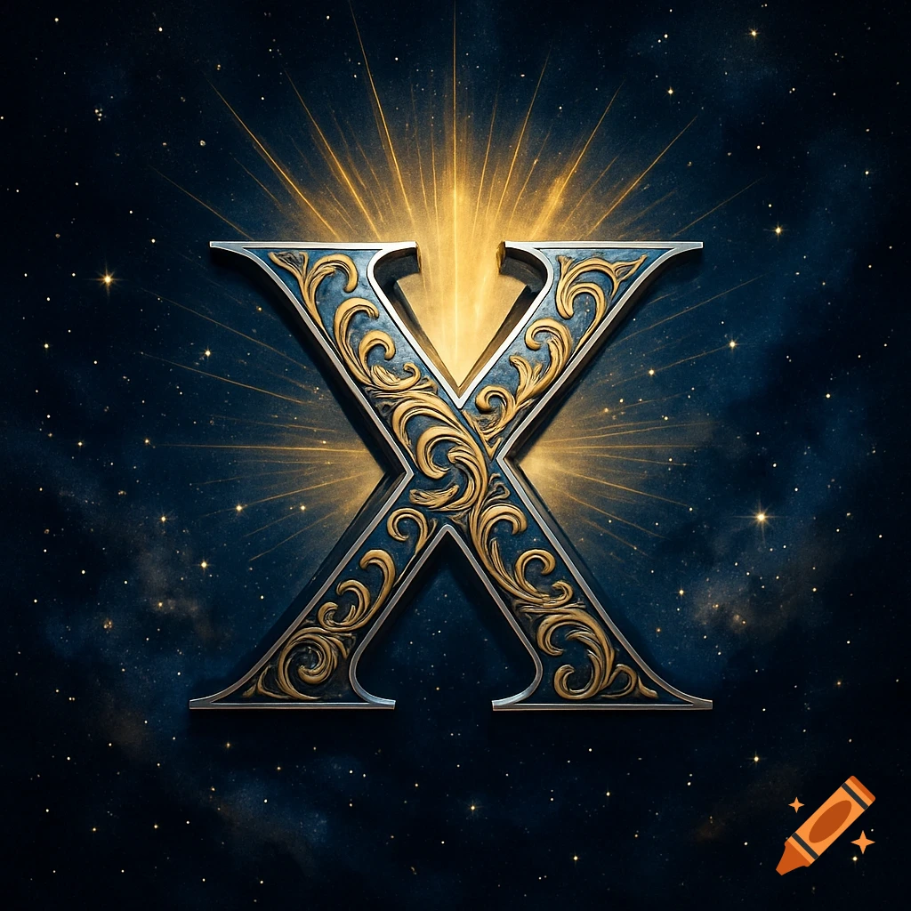 A decorative, ornate letter 'X' with gold filigree on a dark blue, starry background, illuminated by a golden burst of light.