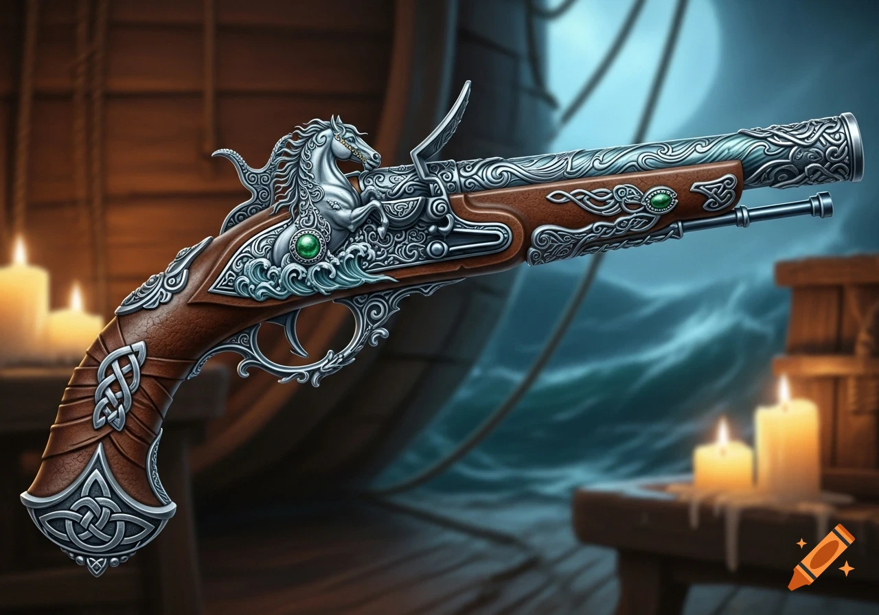 An ornate silver and brown flintlock pistol with a horse head and Celtic knot design, set on a dark pirate ship deck with a stormy sea and candles.