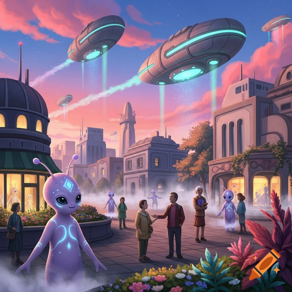 Vibrant illustration of friendly purple aliens and humans in a city square, with UFOs beaming light from above.