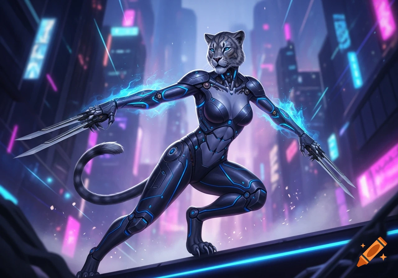 A cybernetic feline humanoid in a black and blue metallic suit with glowing blue energy and blades, in a cyberpunk city.