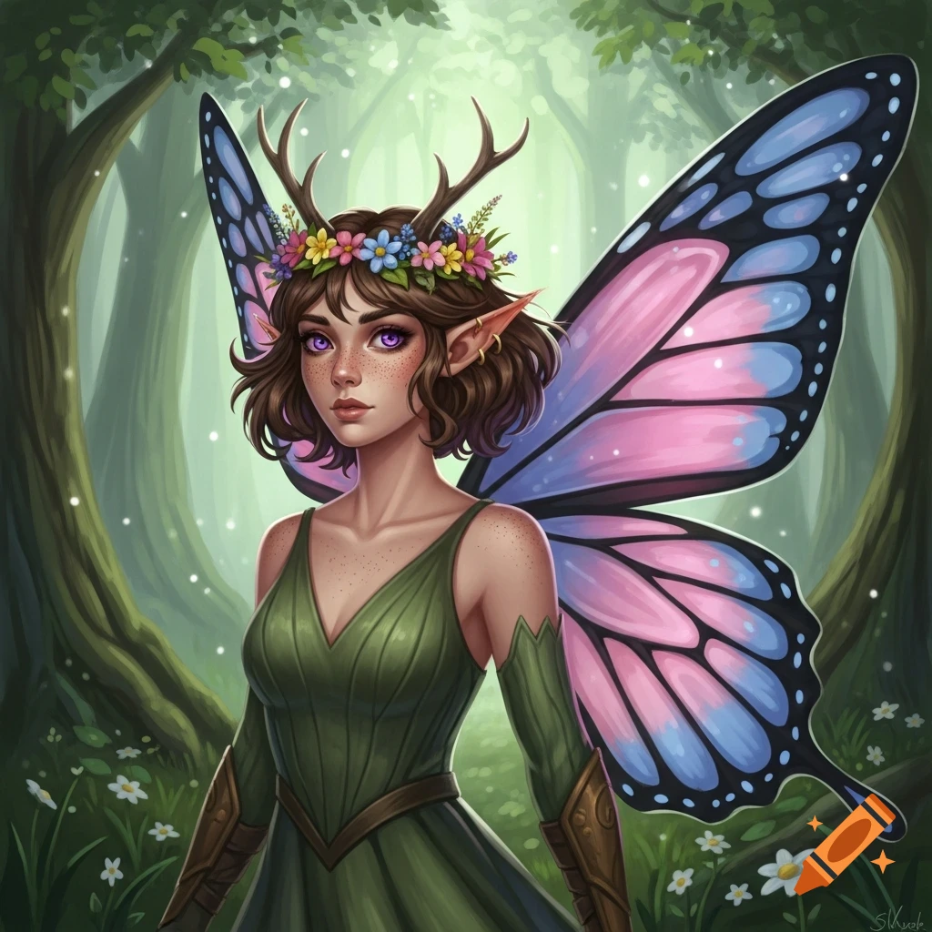 A digital painting of a fairy warrior with purple eyes, freckles, antlers, a flower crown, and large pink and blue butterfly wings in a forest.