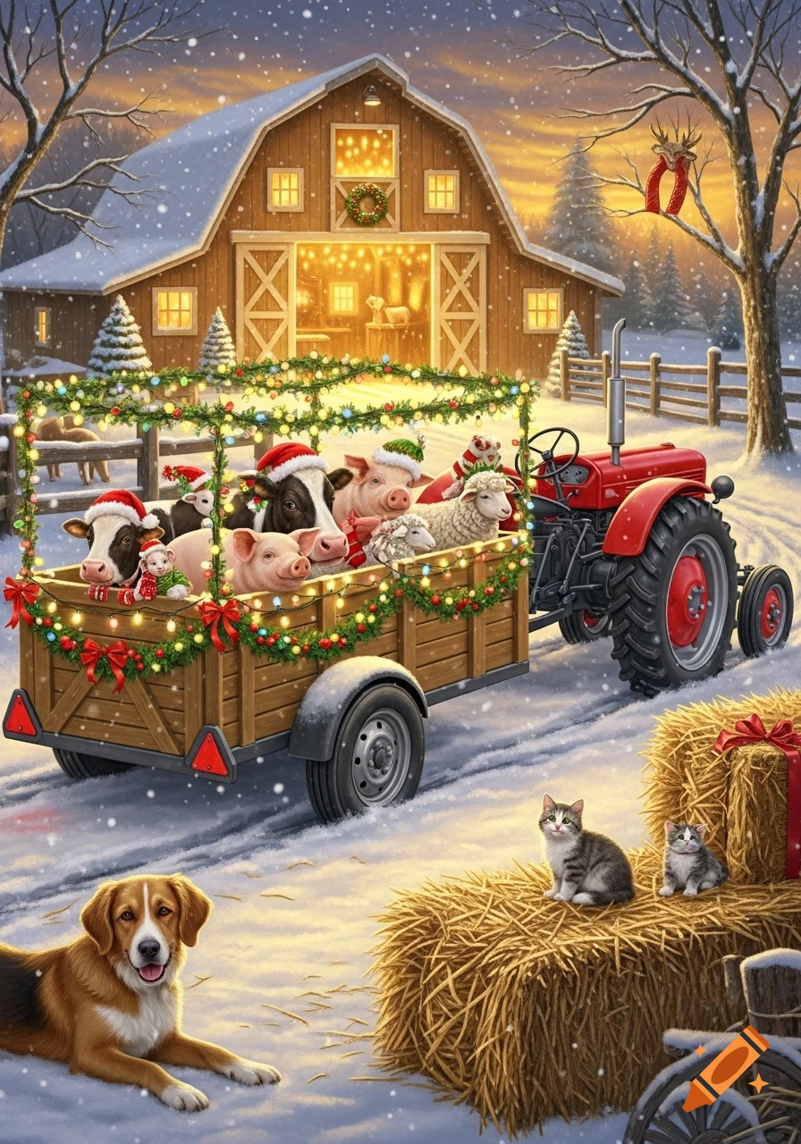 Festive farm animals in Santa hats ride a Christmas-decorated trailer pulled by a tractor in a snowy landscape with an illuminated barn.