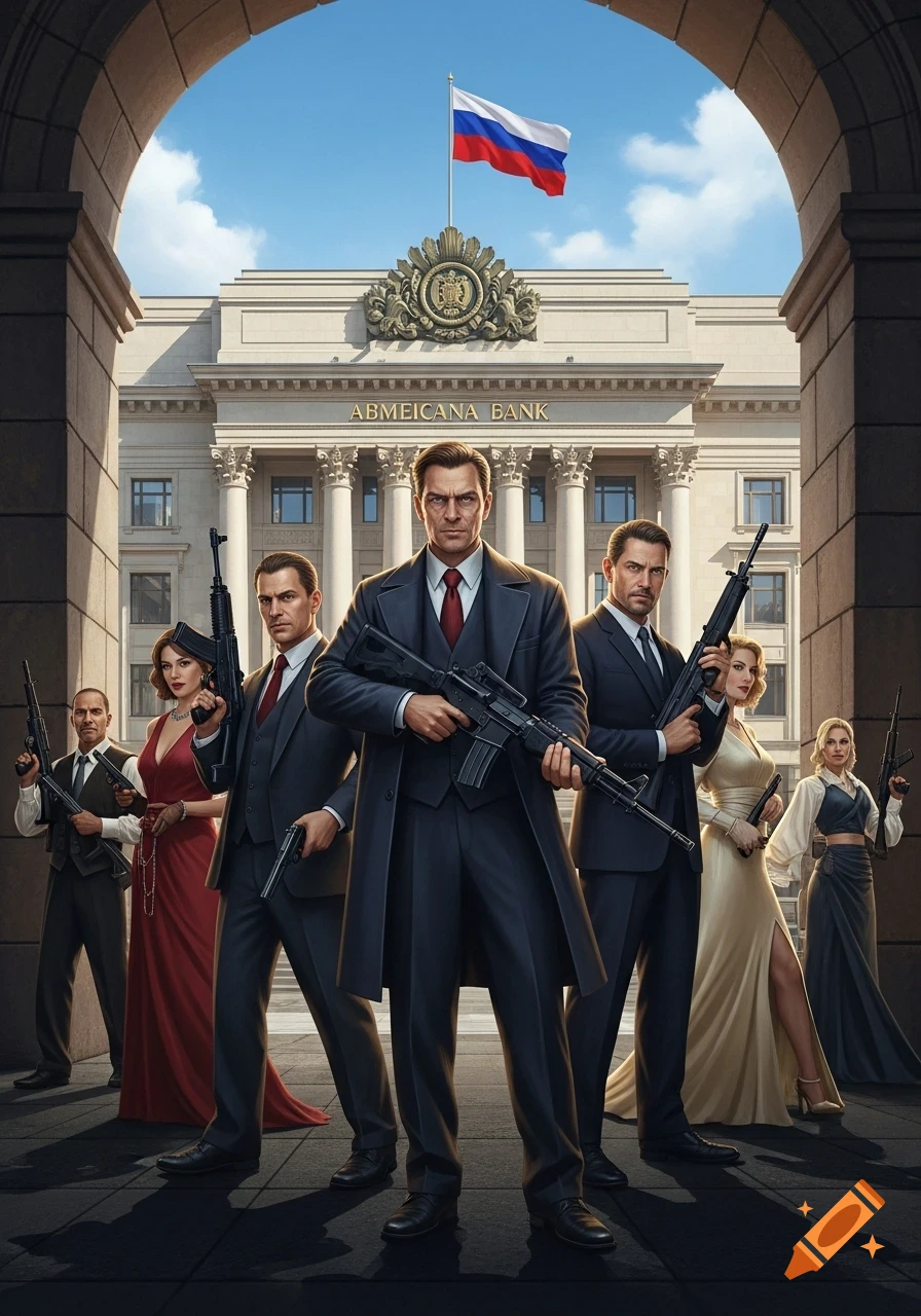 An illustration of a group of elegantly dressed armed men and women, appearing like mobsters, standing in front of a bank with a Russian flag.