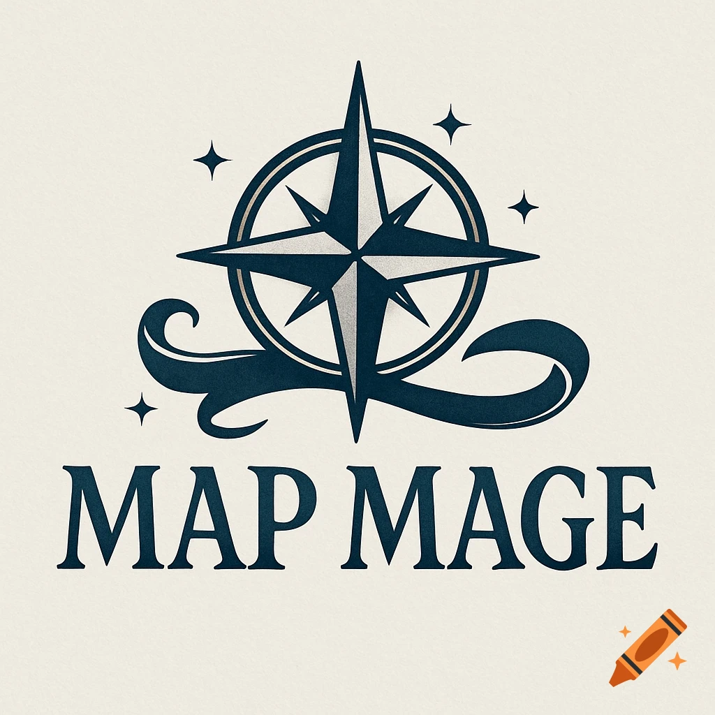 A dark blue and silver logo with a compass rose and swirls above the text 'MAP MAGE' on a textured cream background.