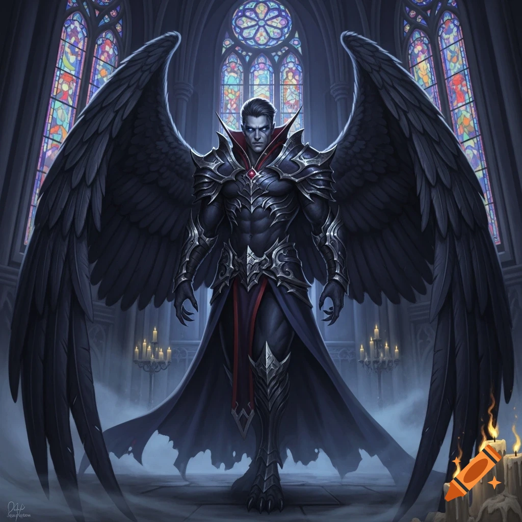 Dark fantasy art of a male fallen angel vampire in black armor with ...