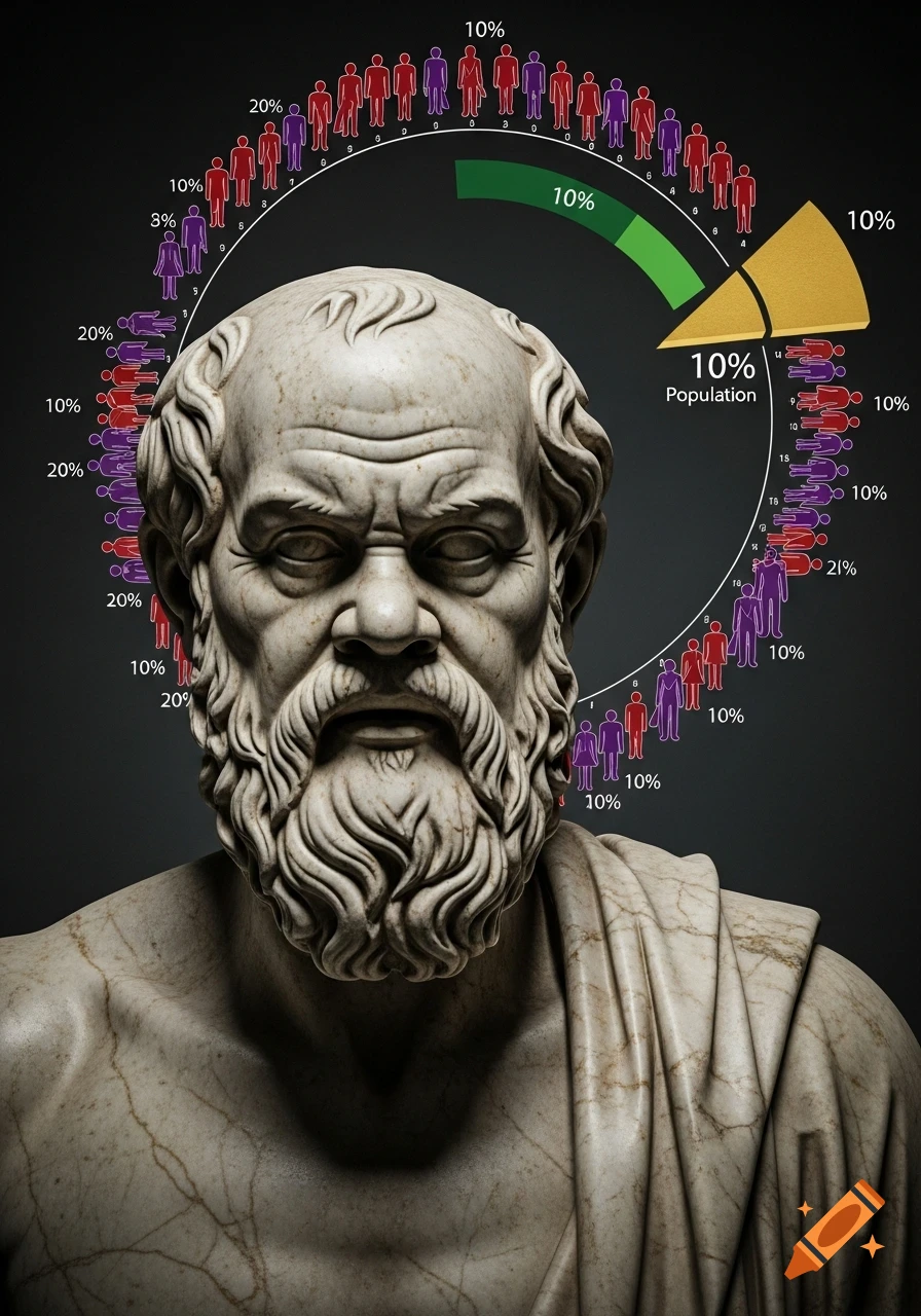 A marble bust of Socrates with a circular infographic chart showing population percentages and stylized red and purple figures on a dark background.