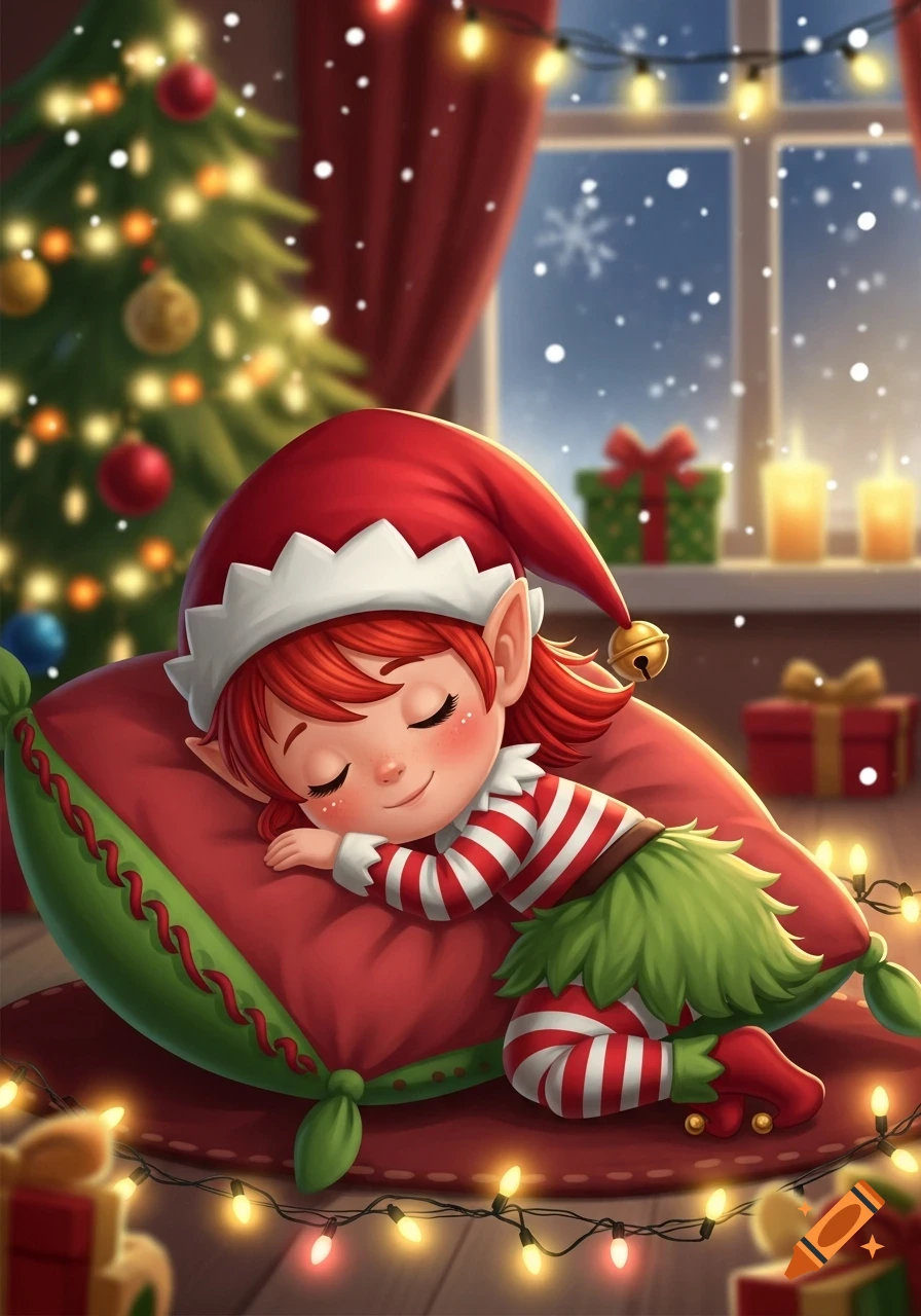 A cute cartoon Christmas elf girl with red hair sleeps on a pillow in a cozy room with a Christmas tree and snowy window.