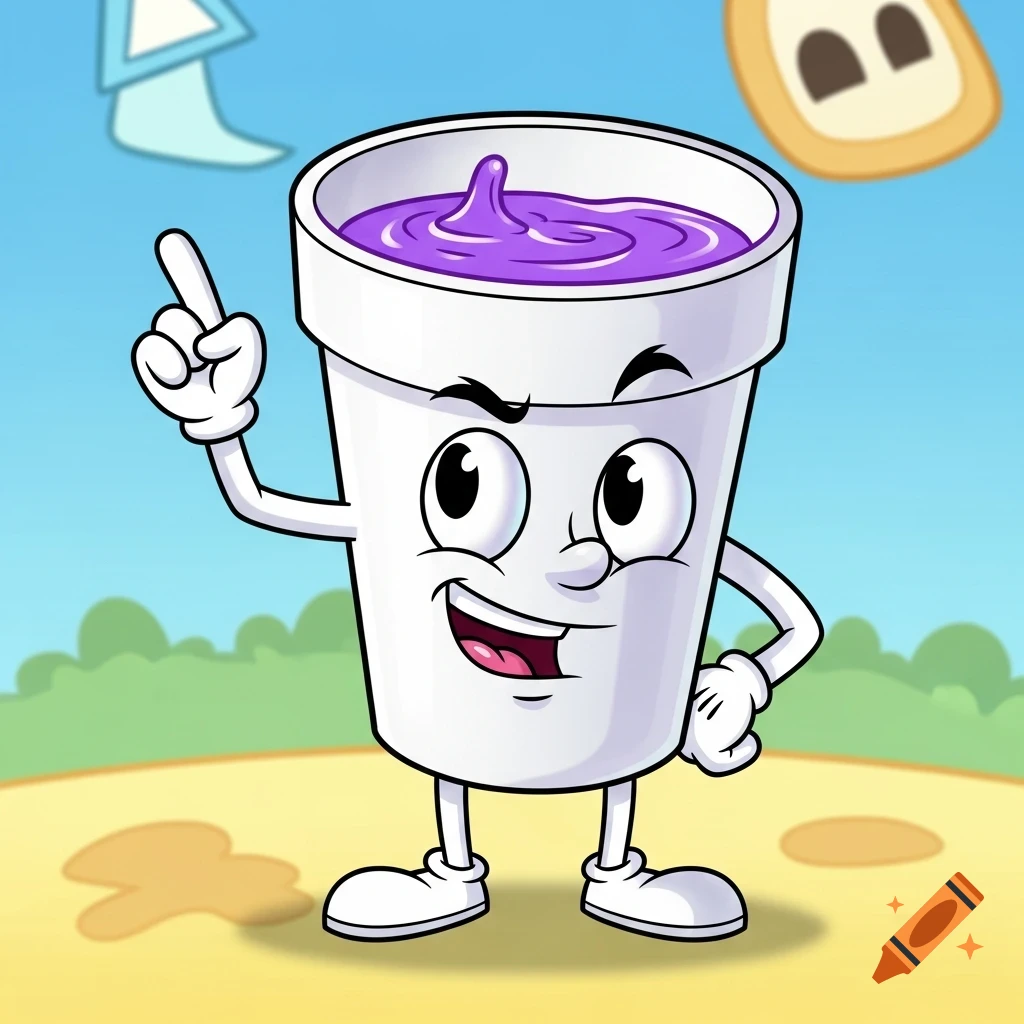 A cheerful cartoon styrofoam cup character with a happy face and purple liquid, pointing up on a sandy beach.