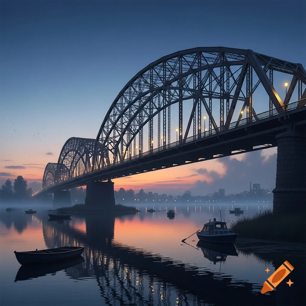 A wide shot of a large truss bridge over a calm river at sunset, with ...