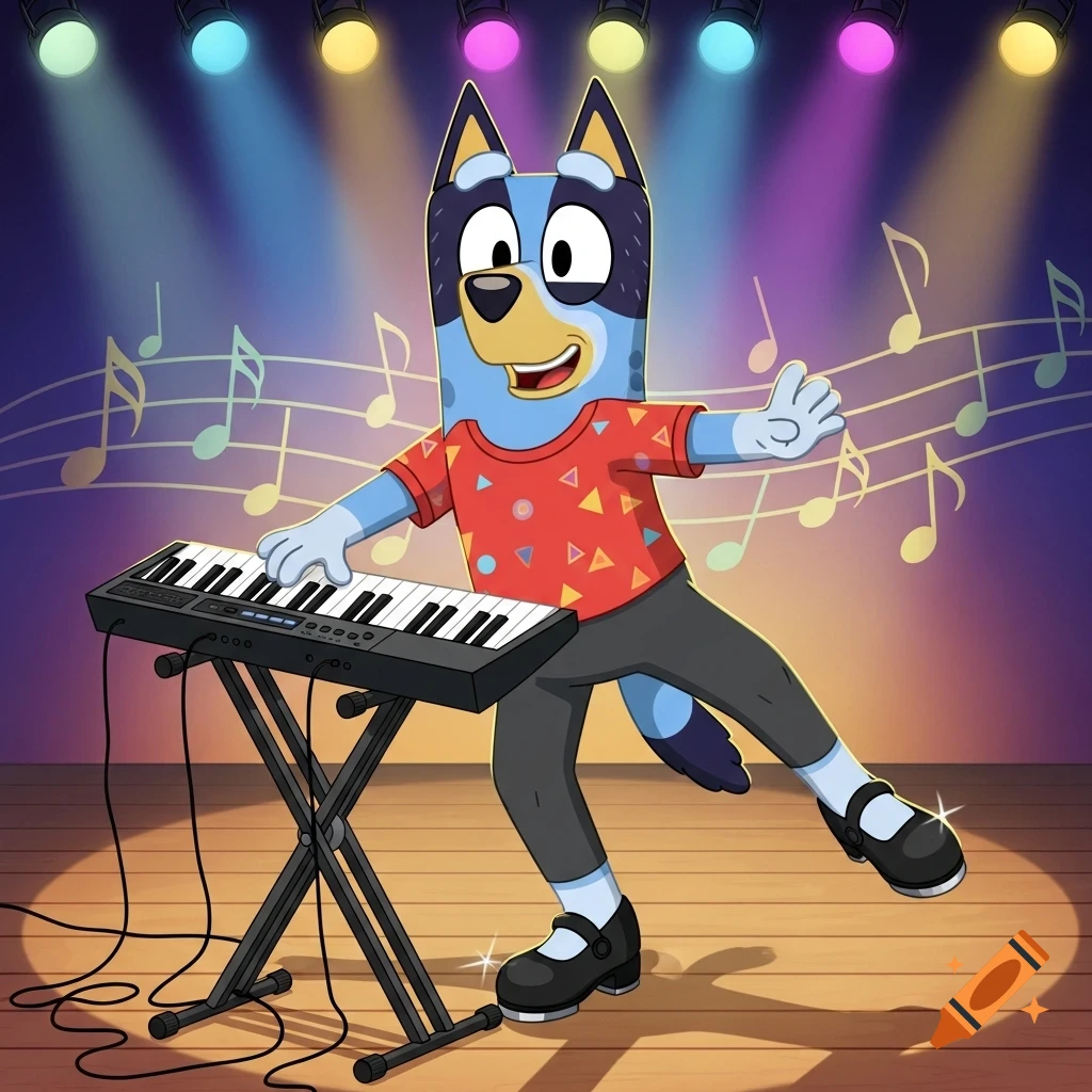 A cartoon blue dog, Bluey Heeler, plays an electric keyboard while tap dancing on a stage illuminated by colorful spotlights and musical notes.