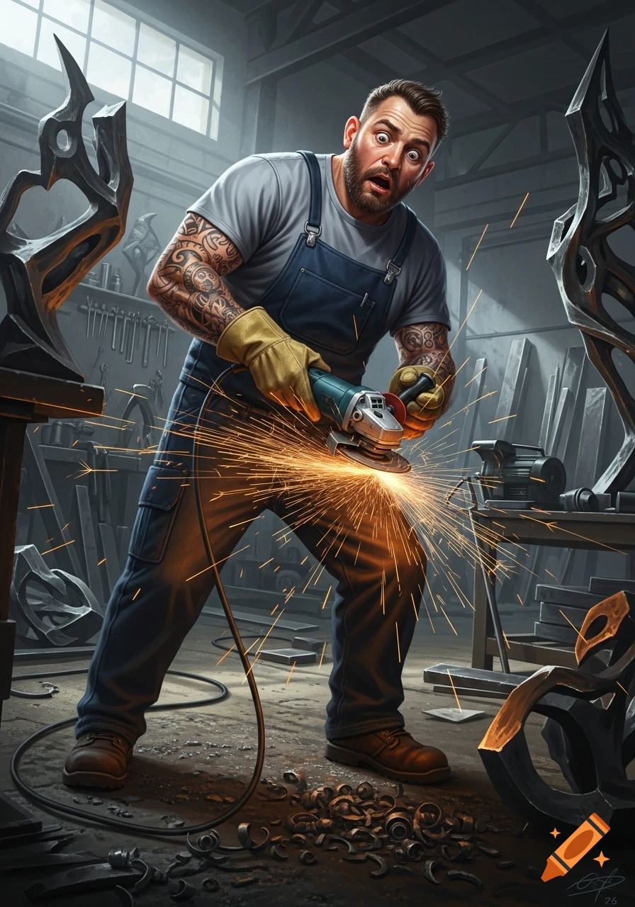 A surprised male metalworker in a workshop grinds metal, sending sparks flying.