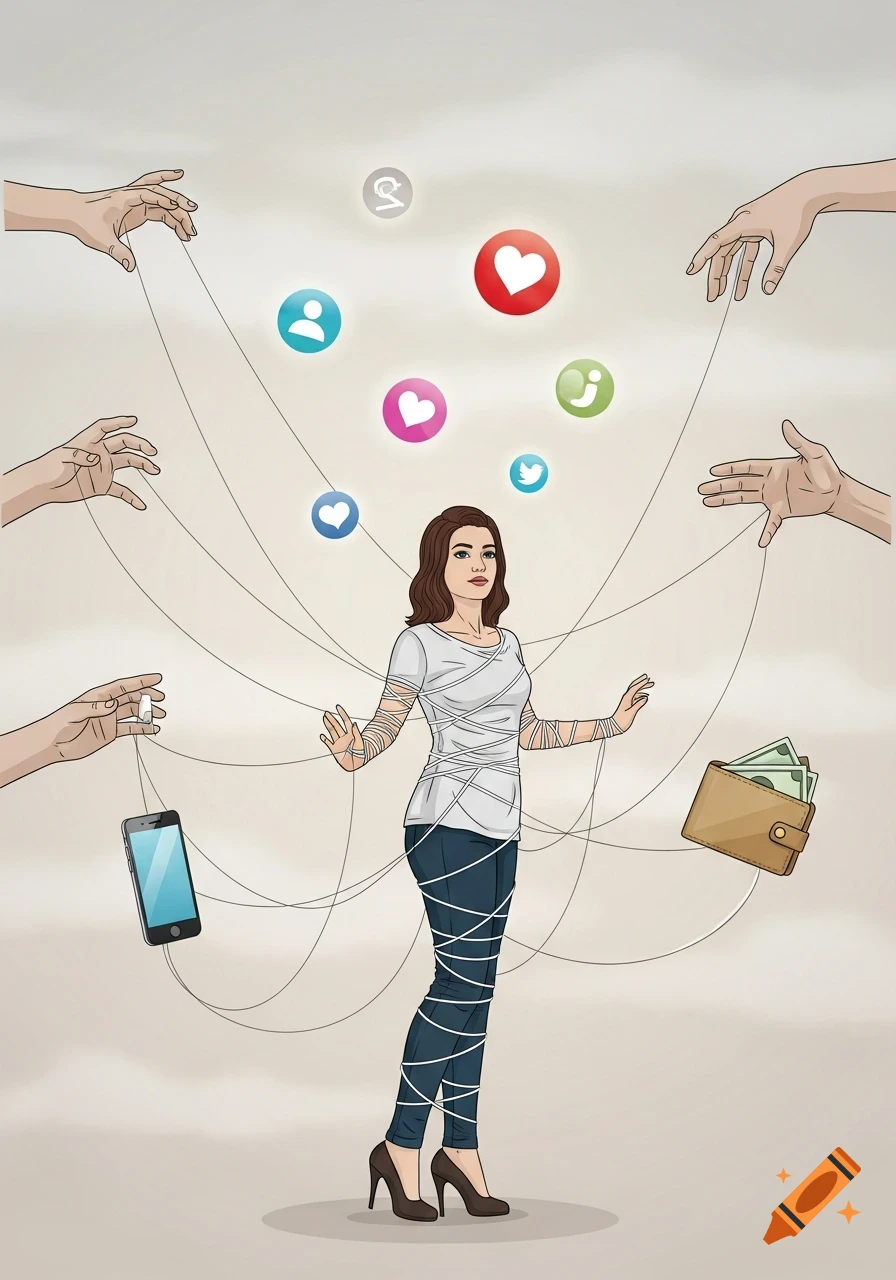 Vector illustration of a woman tied by strings to social media icons, a phone, and a wallet, manipulated by unseen hands.