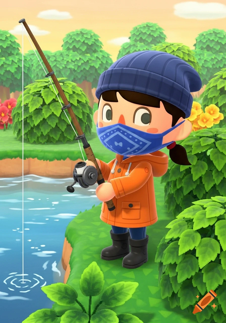 Animal Crossing character in a blue beanie, bandana, and orange rain gear fishes in a river.