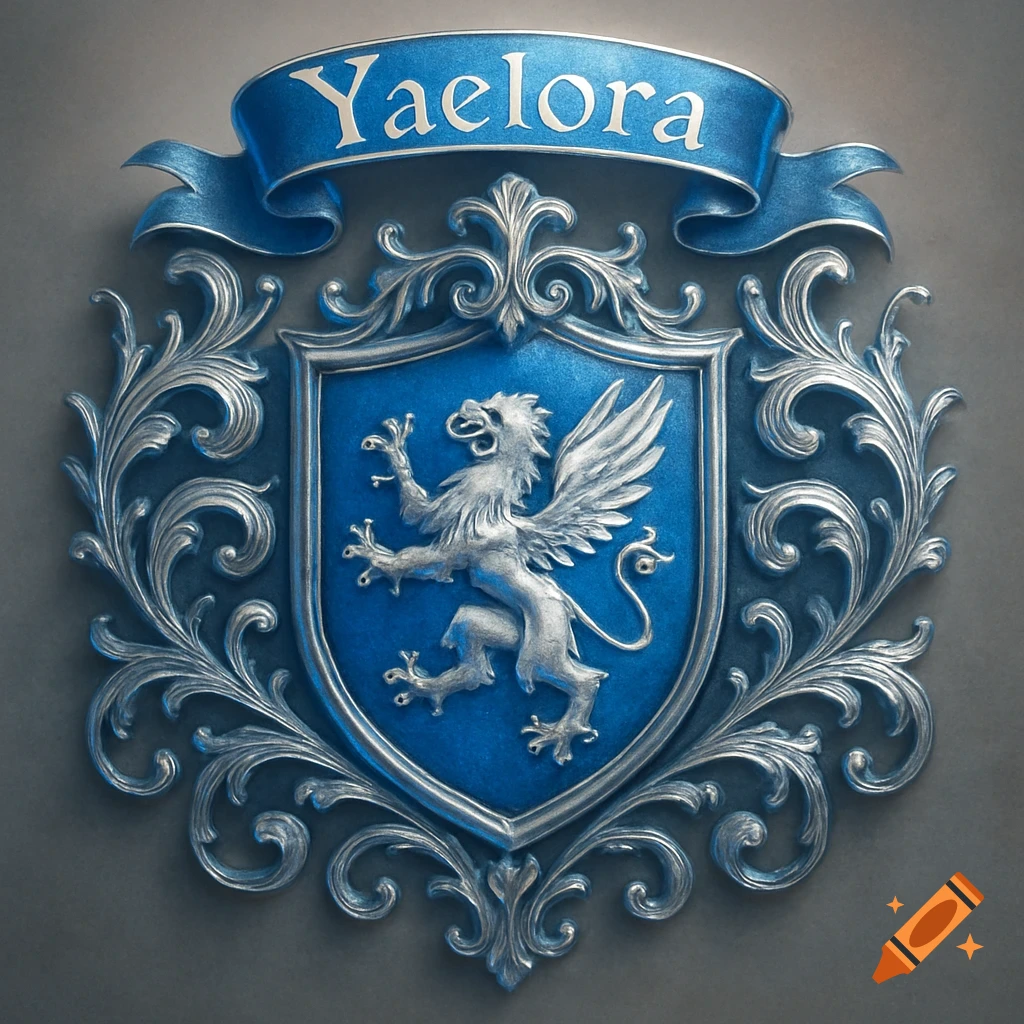 A blue and silver coat of arms featuring a griffin on a shield with a banner reading 'Yaelora' above.