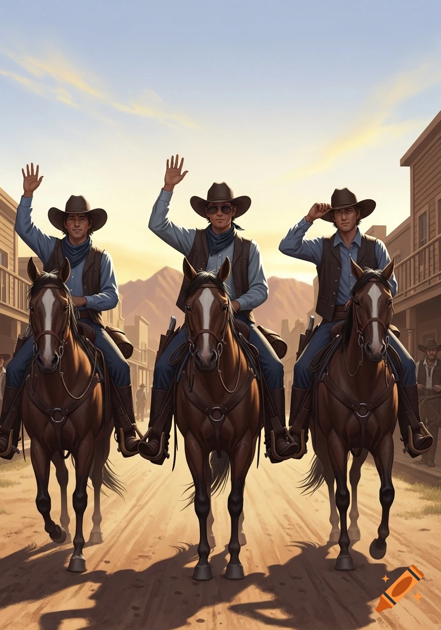 Three cowboys ride horses down a dusty street in a Western town, one waving, one in sunglasses, and one tipping his hat.