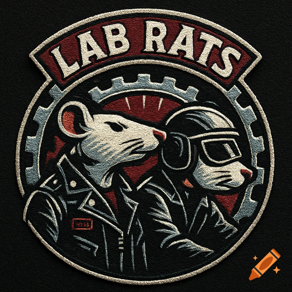 Embroidered patch of two biker rats in leather jackets and helmets, with 'LAB RATS' text, on a black background.