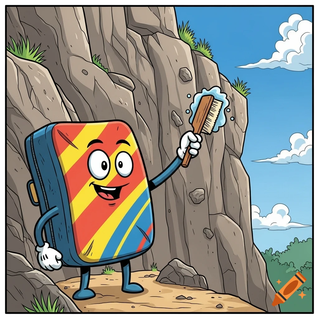 A cheerful cartoon crashpad character with a face, arms, and legs, cleans a rocky cliff face with a brush.