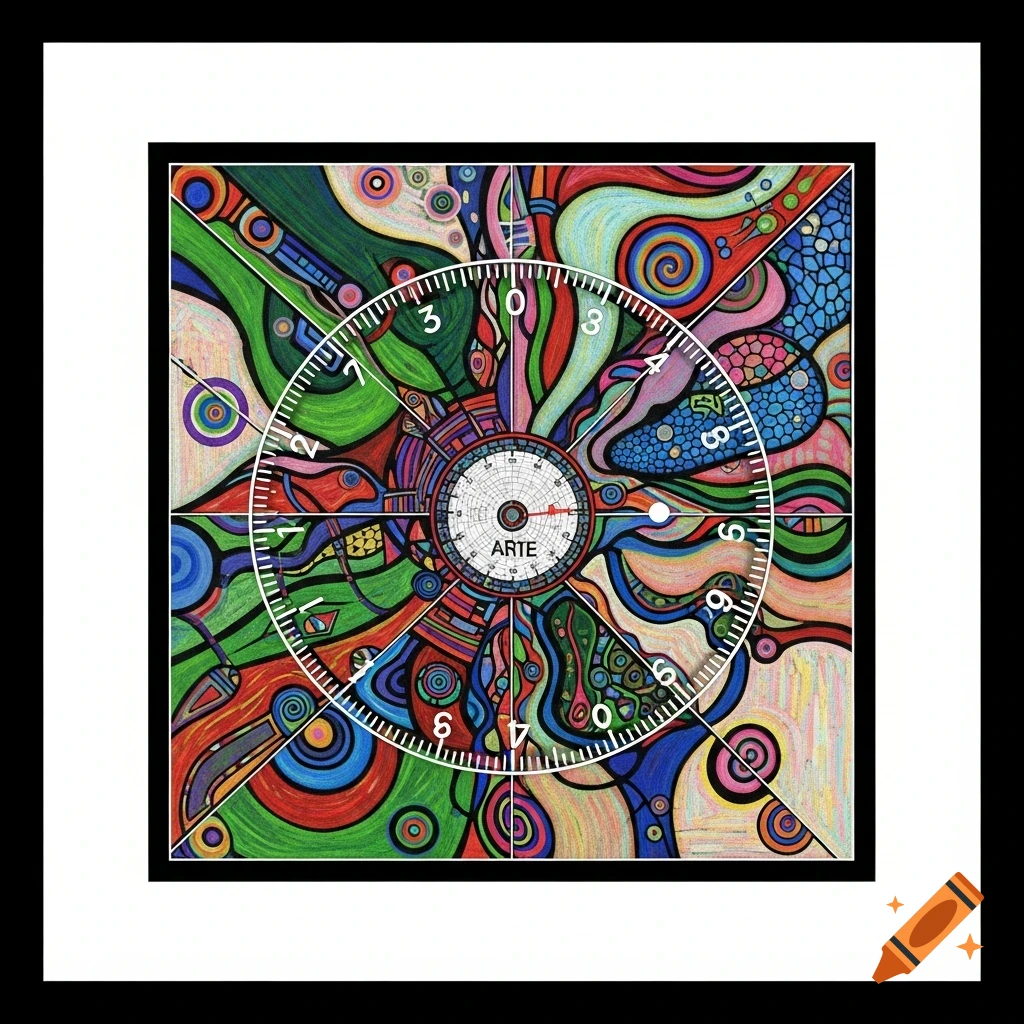 A vibrantly colorful abstract art odometer with intricate patterns and a circular dial, framed in black.