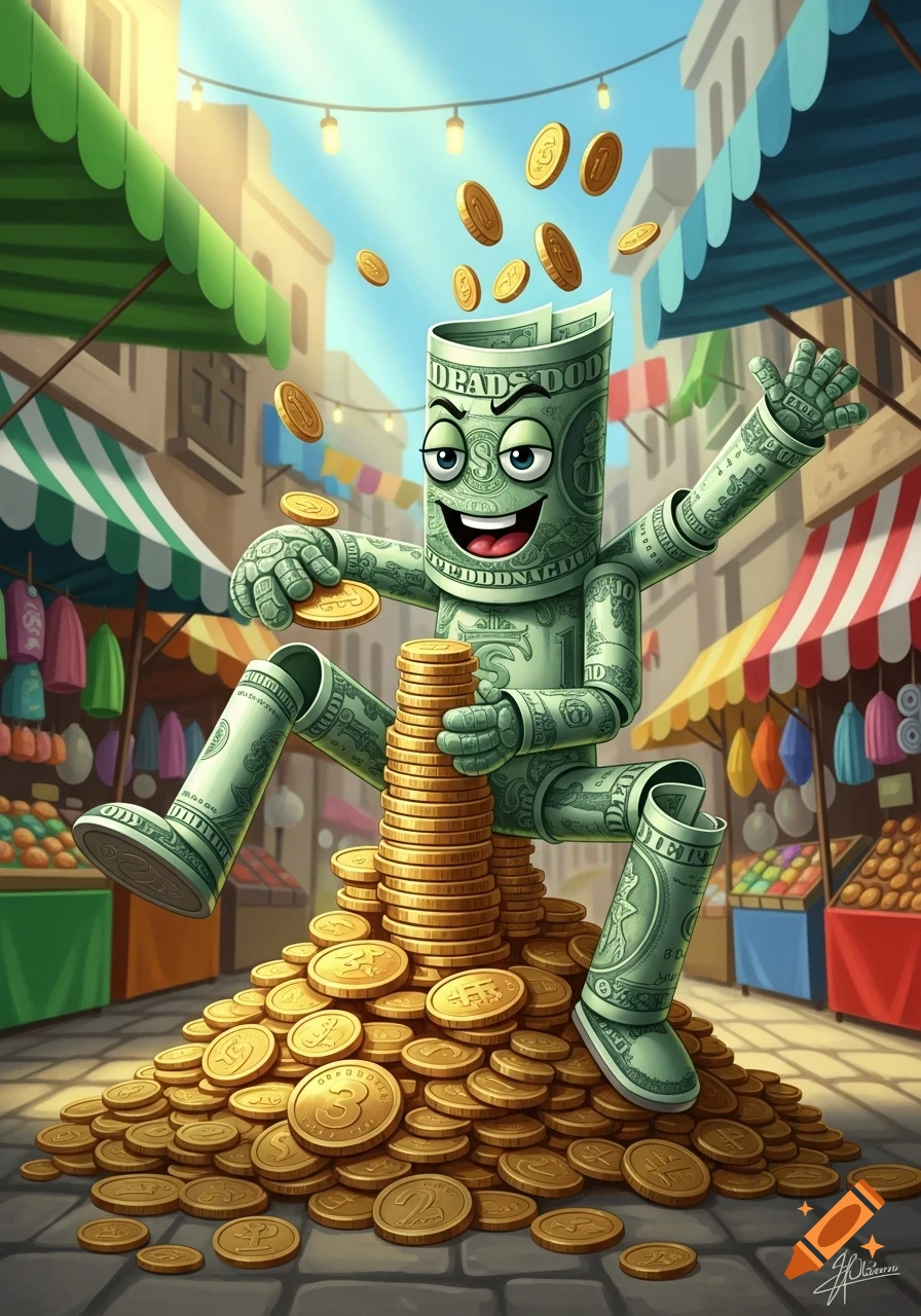 A cartoon character made of a dollar bill sits on a pile of gold coins, tossing more coins into the air in a vibrant outdoor market.