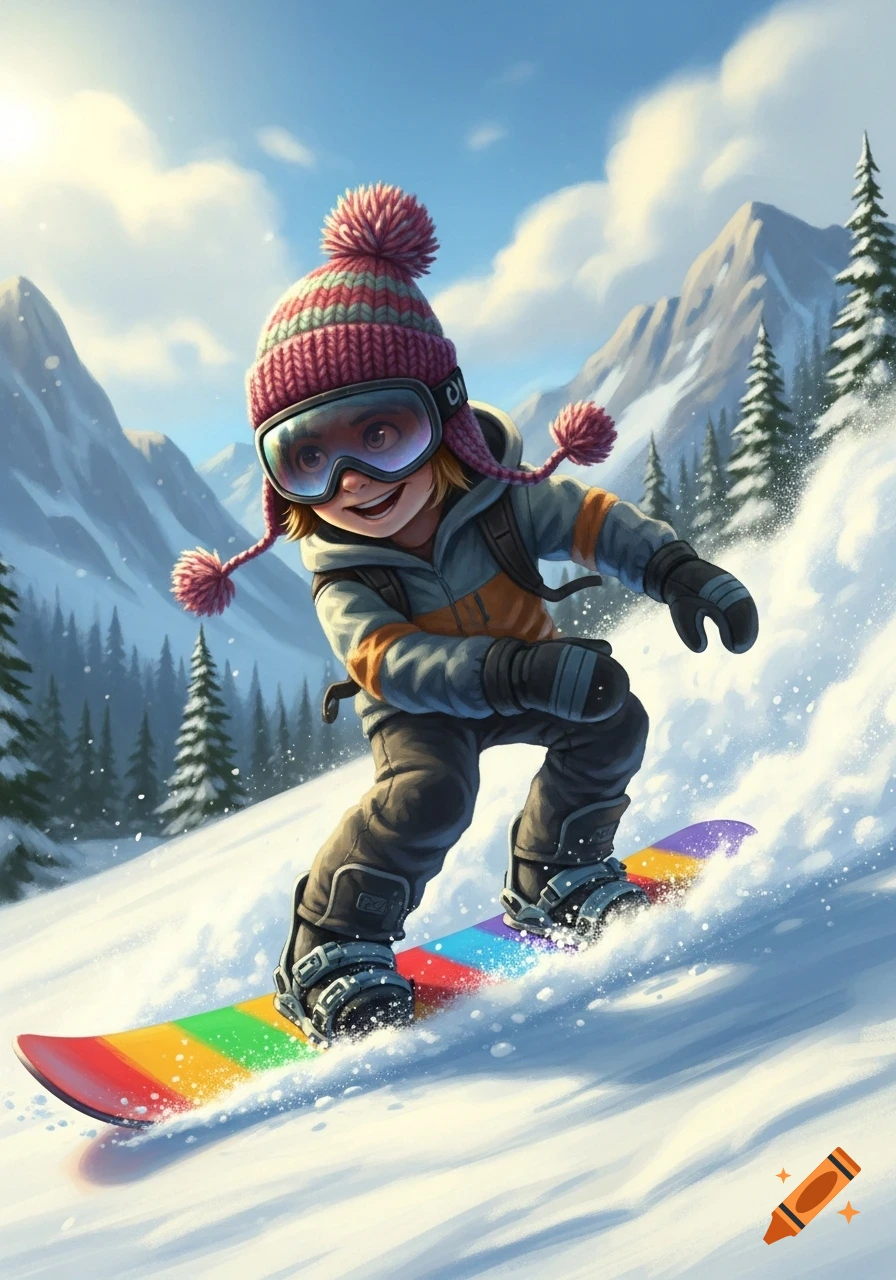 A smiling cartoon child in a knitted hat and goggles snowboards down a snowy mountain slope on a rainbow-colored board.