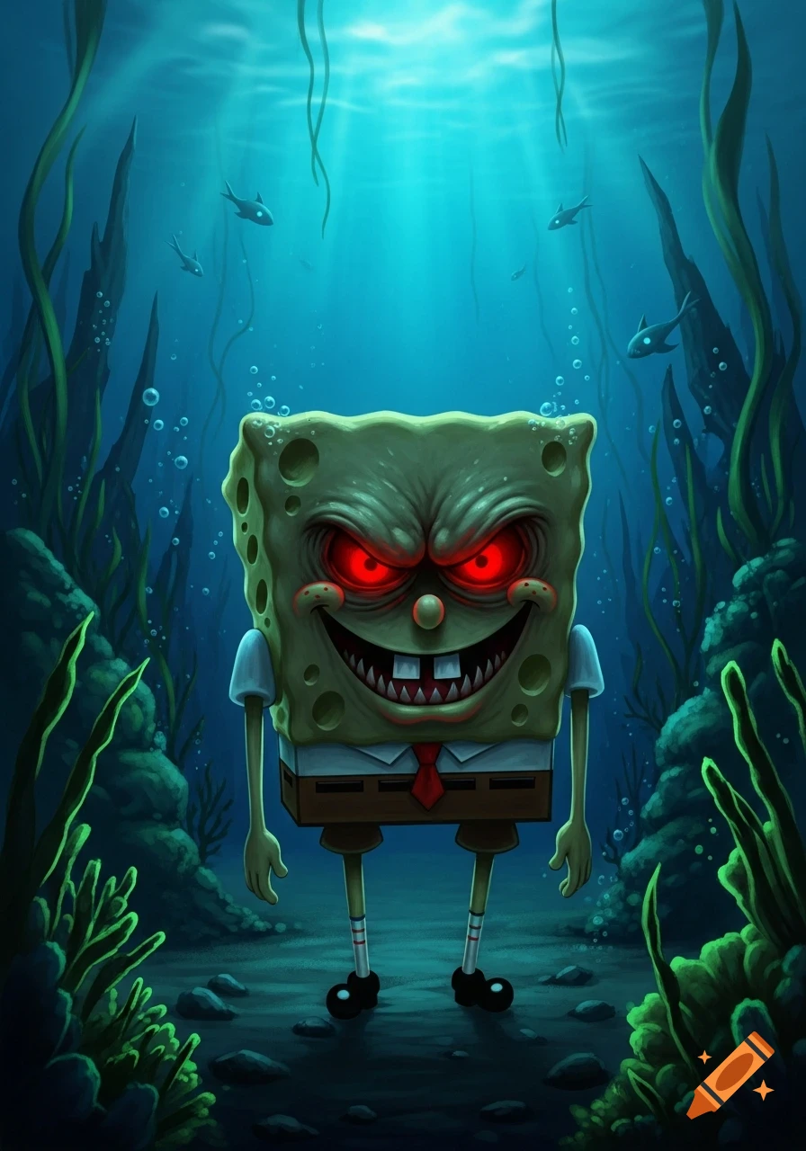 A creepy Spongebob with glowing red eyes and sharp teeth smiles sinisterly in a dark underwater scene with seaweed and bubbles.