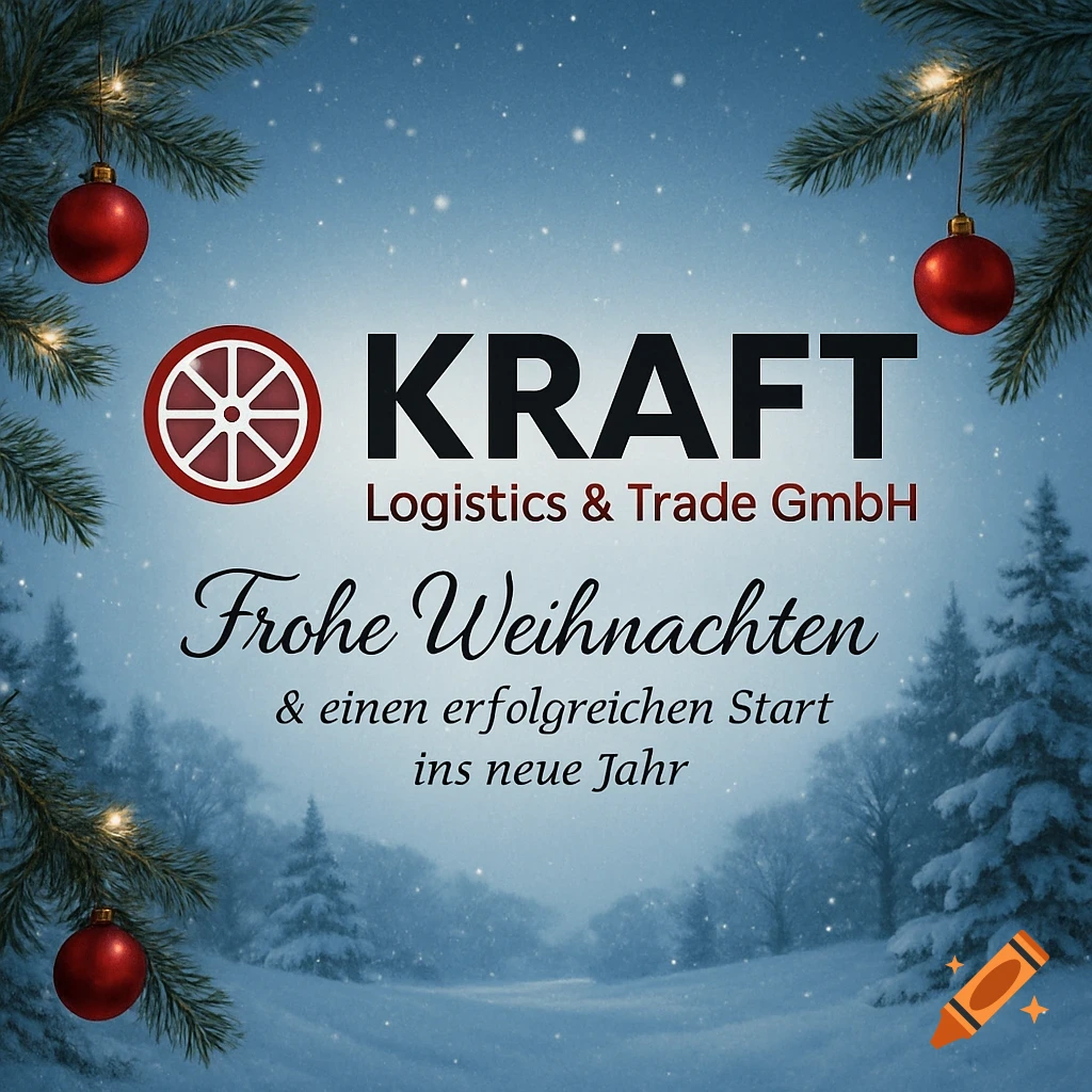 Professional Christmas card for KRAFT Logistics & Trade GmbH. Snowy winter forest, fir branches, red ornaments, and holiday greetings.