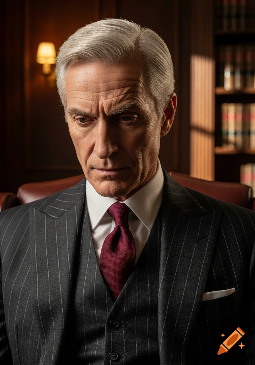 A photorealistic portrait of an older man with white hair, wearing a pinstripe suit and red tie, in a dimly lit law office.