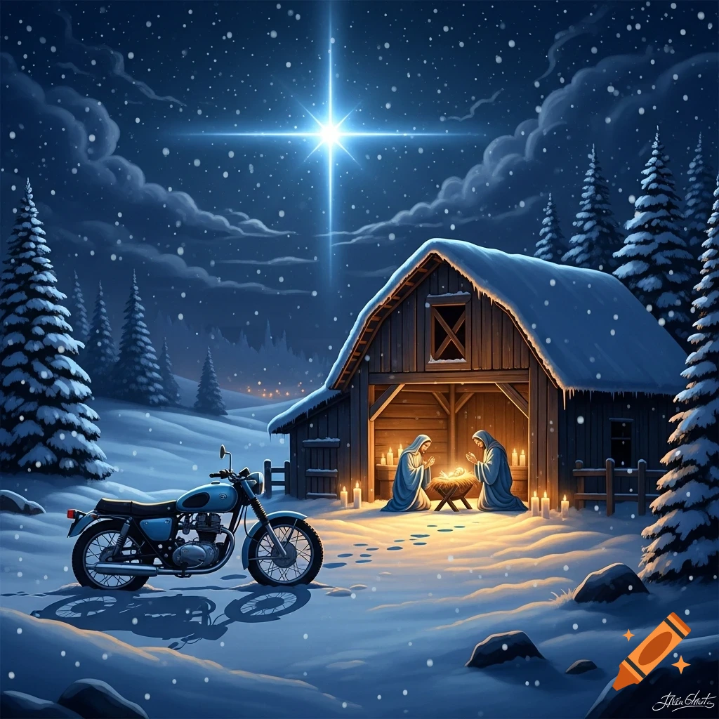 Illustrative snowy winter landscape with a barn housing a nativity scene under a bright star, a blue motorcycle in the foreground.