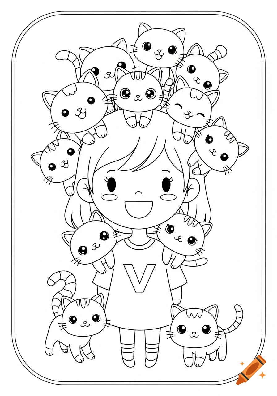 Line art coloring page of a cheerful girl surrounded by many cute cats, with a V on her shirt.