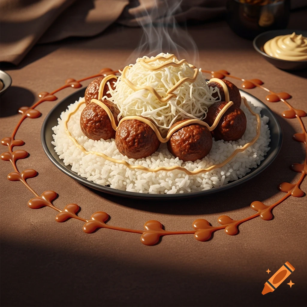 A steaming plate of meatballs and rice topped with shredded white food and drizzled with a light sauce, garnished with decorative caramel sauce.