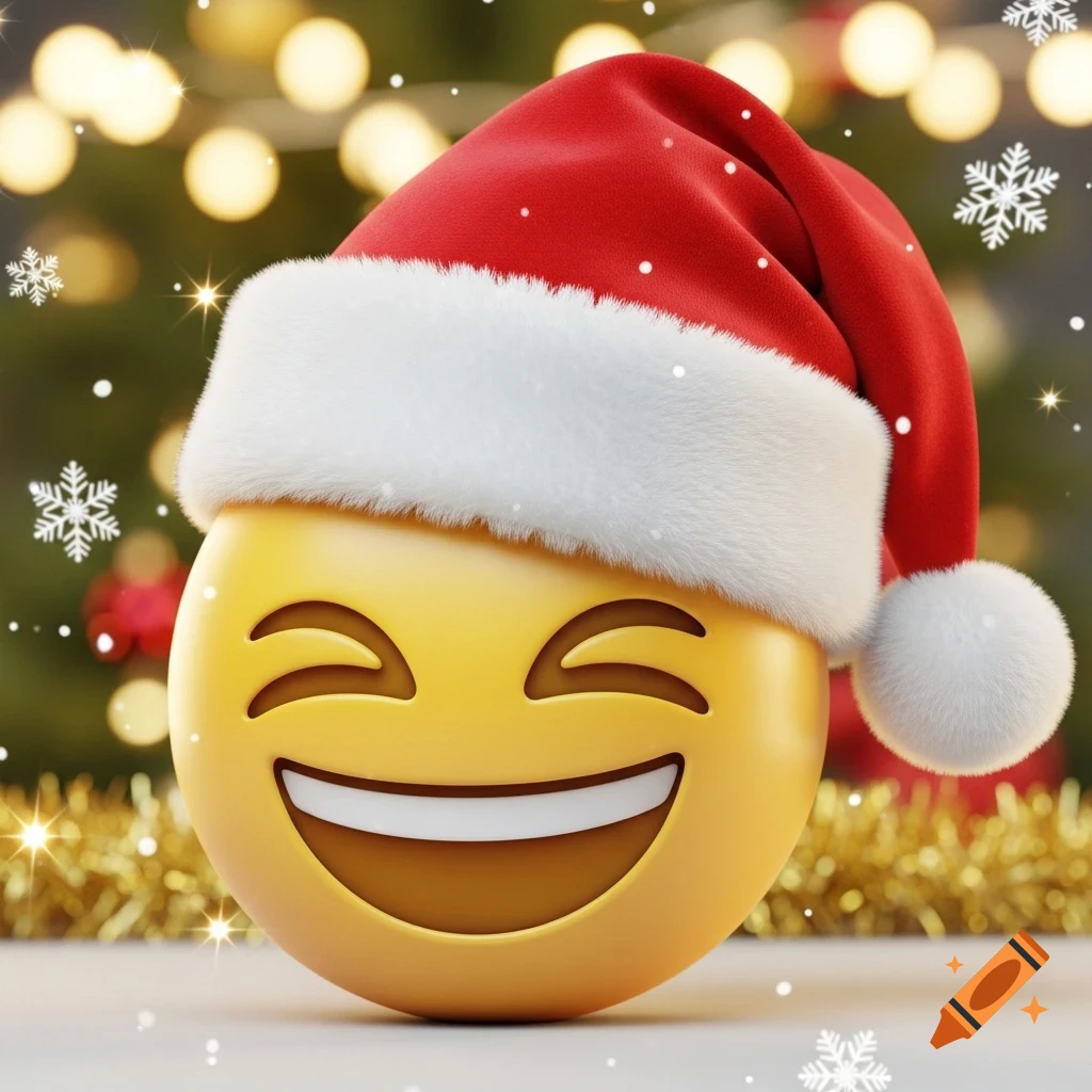A 3D rendered laughing emoji wearing a red and white Santa hat, set against a blurry festive background with Christmas lights and snowflakes.