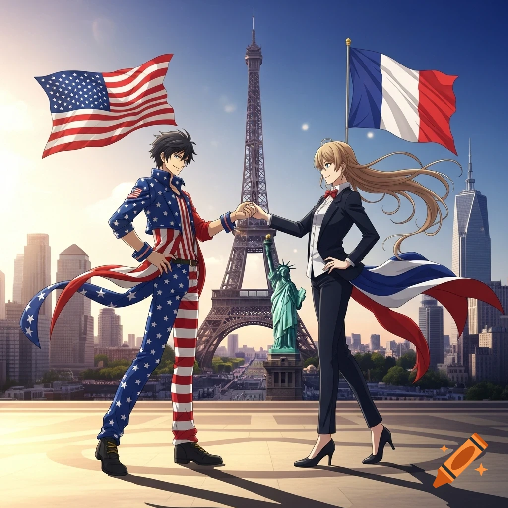 Anime characters representing USA and France hold hands before the Eiffel Tower, Statue of Liberty, and city skyline.