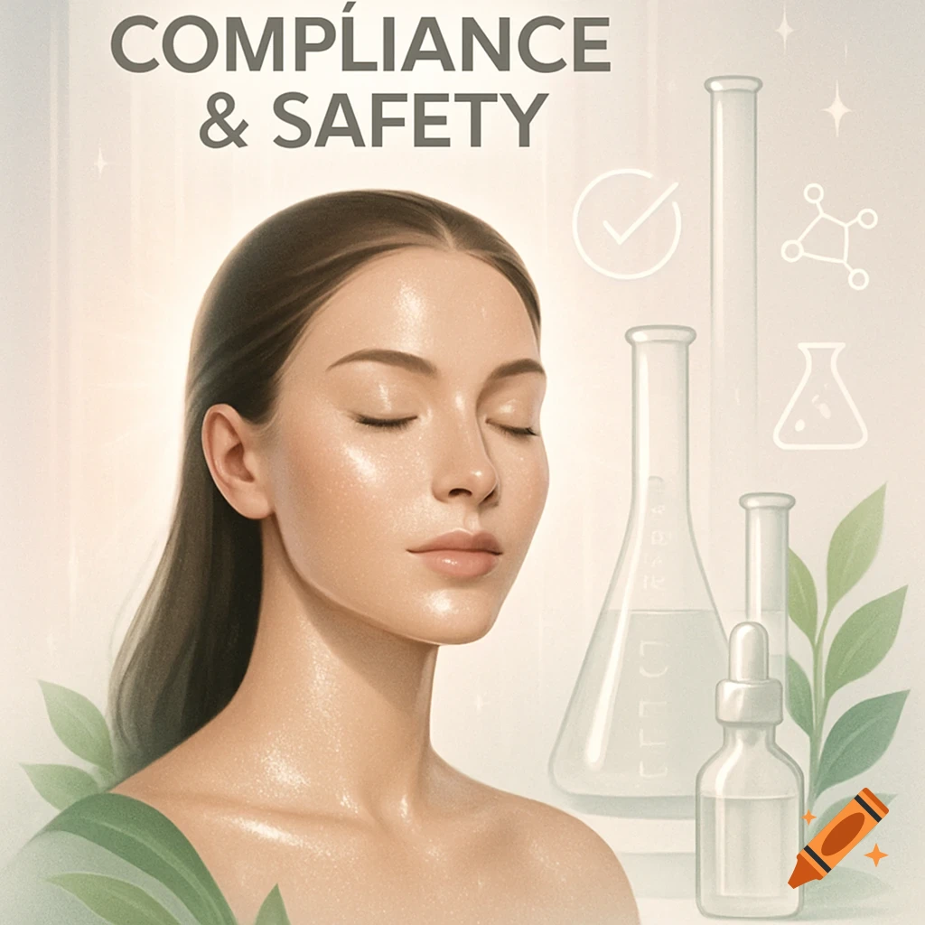 Woman with closed eyes, natural skin, alongside beakers, test tubes, and green leaves. Text reads 'COMPLIANCE & SAFETY'.