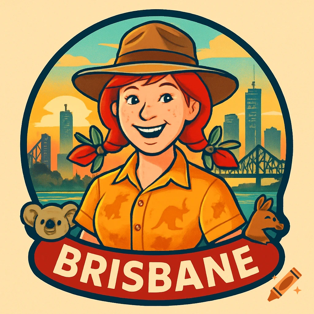 A cartoon logo of a smiling red-haired woman in a hat and orange shirt, with a city skyline, koala, kangaroo, and "BRISBANE" text.