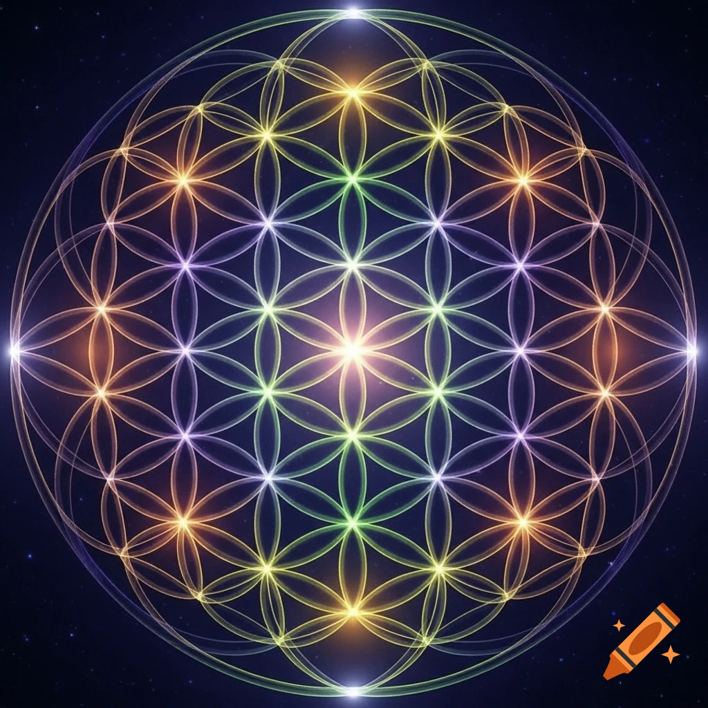 A vibrant, glowing 'Flower of Life' geometric pattern in rainbow colors against a dark, starry background.