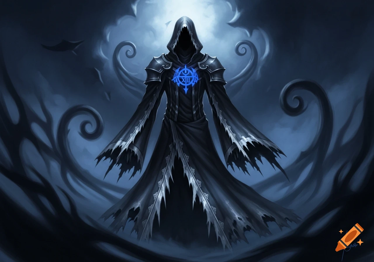 A dark hooded figure in a tattered black robe with armor and a glowing blue 'XIII' symbol on its chest, against a swirling dark blue background.