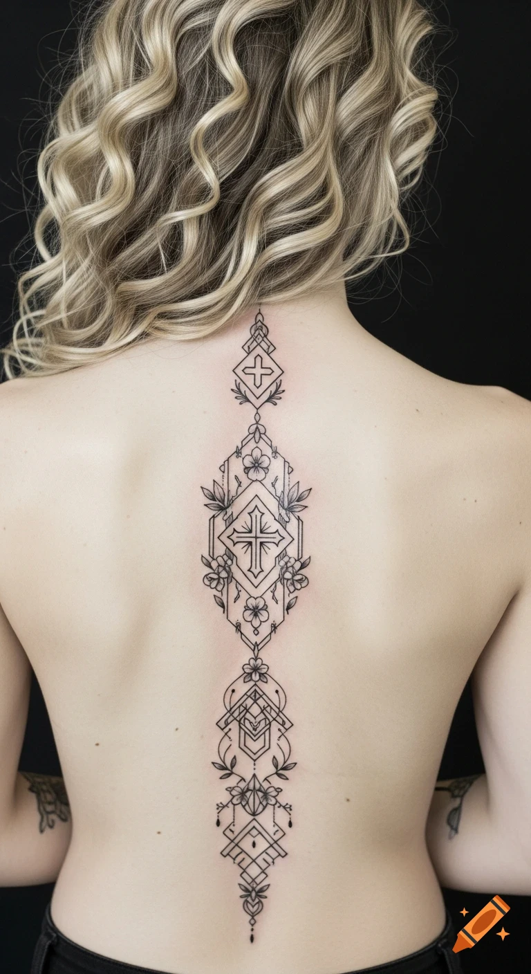 A woman's bare back displays a detailed fine-line tattoo featuring geometric designs, crosses, flowers, and vines along her spine. Her blonde curly hair is visible.