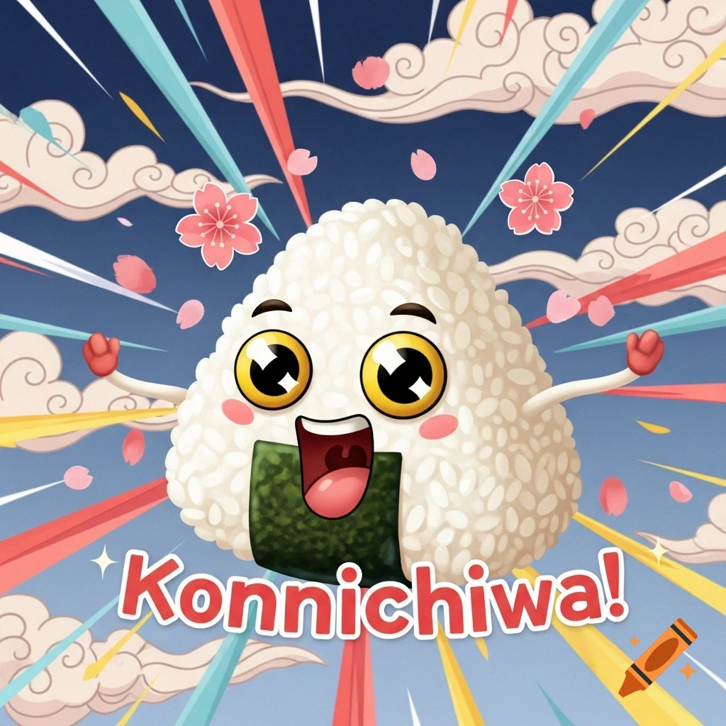 A cheerful, cartoon onigiri with outstretched arms and big eyes screams "Konnichiwa!" against a vibrant blue sky with clouds, cherry blossoms, and colorful rays.