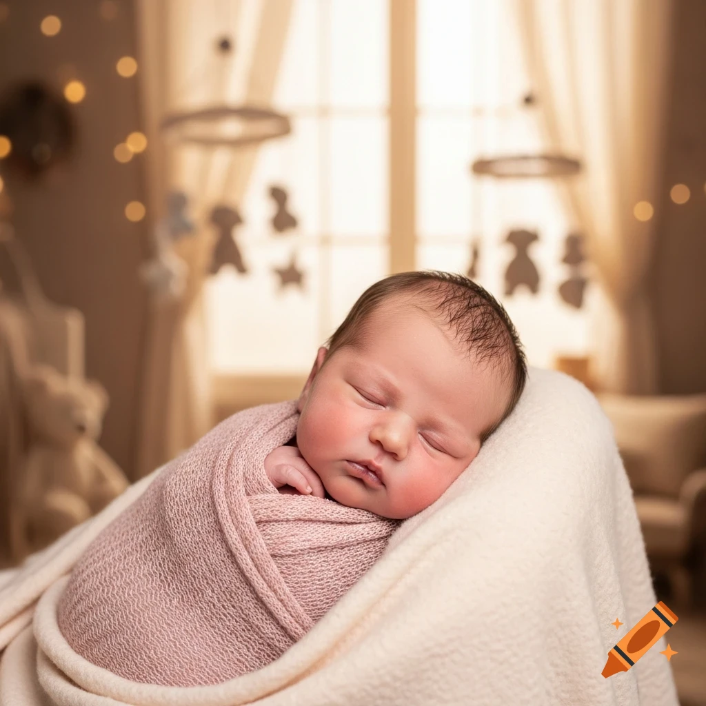 A newborn baby, swaddled in a pink blanket, sleeps peacefully in a cozy, softly lit nursery with a window and mobile in the background.