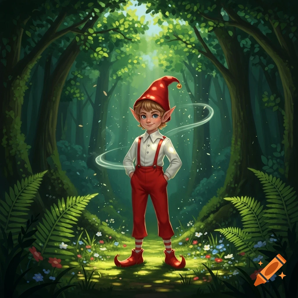 An illustration of a cheerful elf with a red hat, white shirt, and red pants standing on a sun-dappled forest path with flowers.