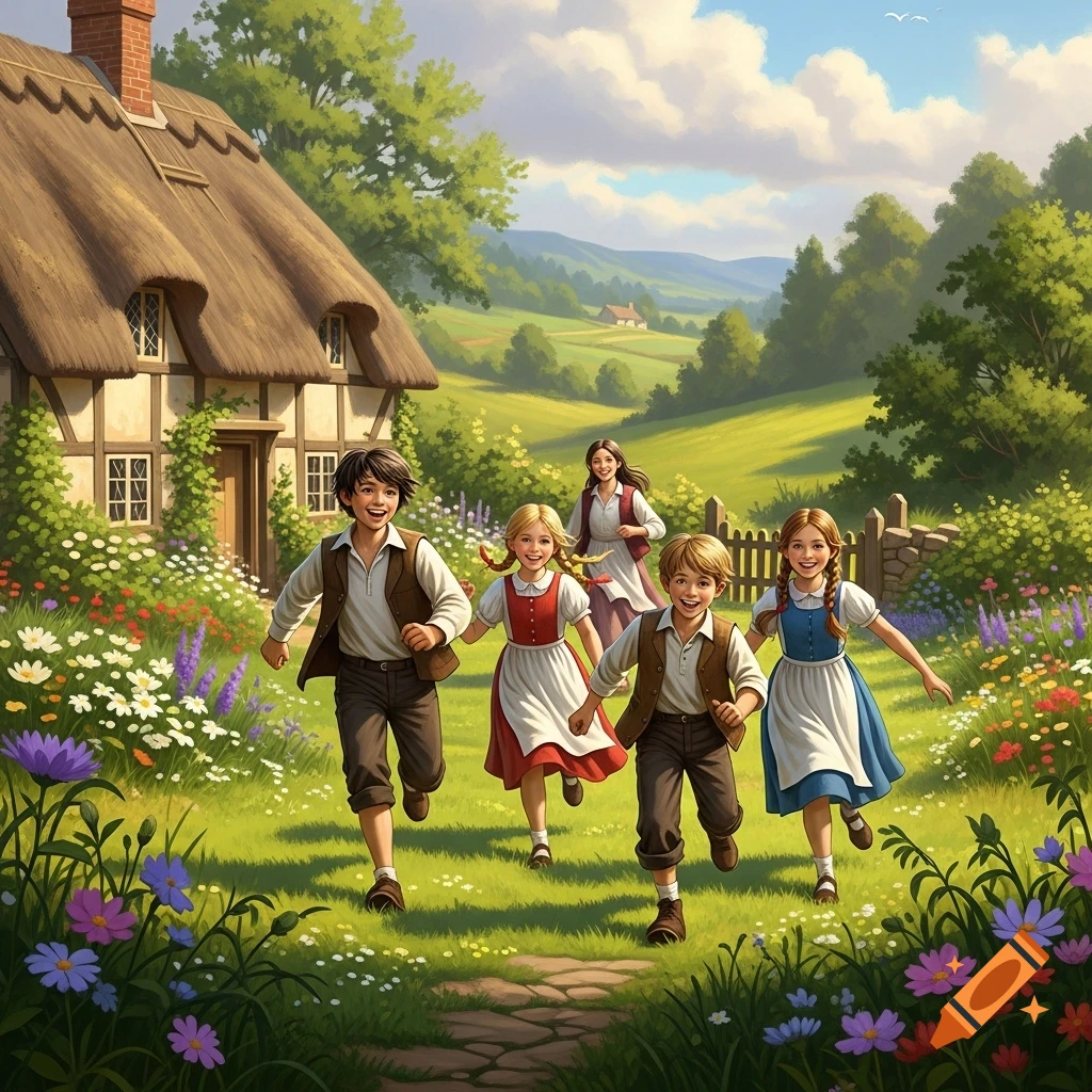 An illustration of four children running joyfully along a path past a thatched cottage and flowery meadow, with a woman walking behind.